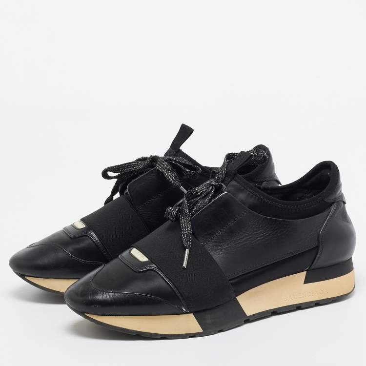 Pre Owned Balenciaga Black Leather and Fabric Race Runner Sneakers Size 37