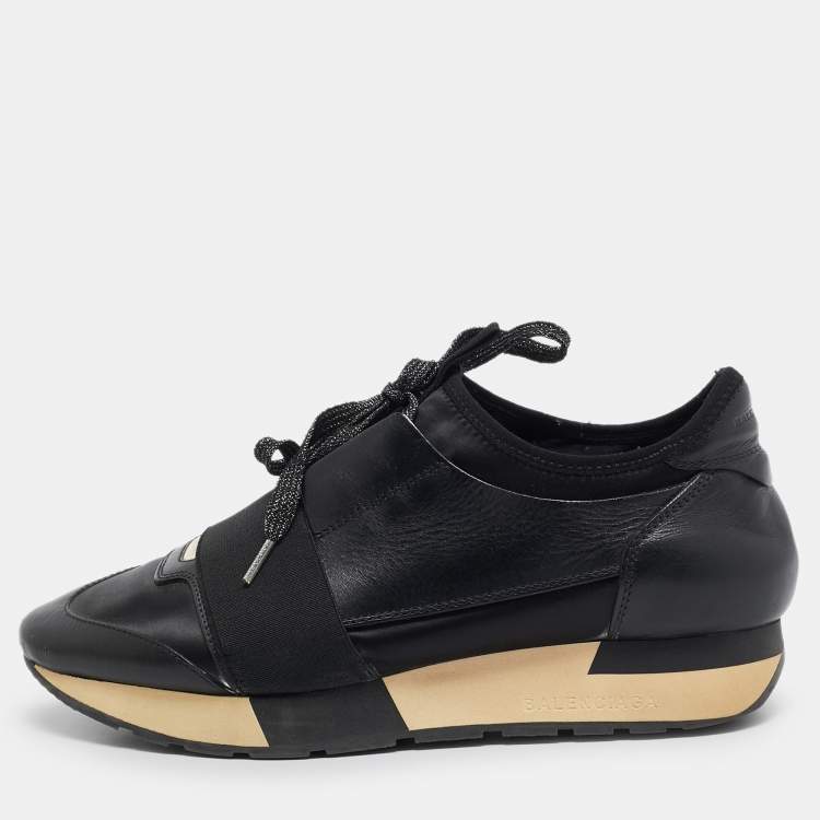 Pre Owned Balenciaga Black Leather and Fabric Race Runner Sneakers Size 37