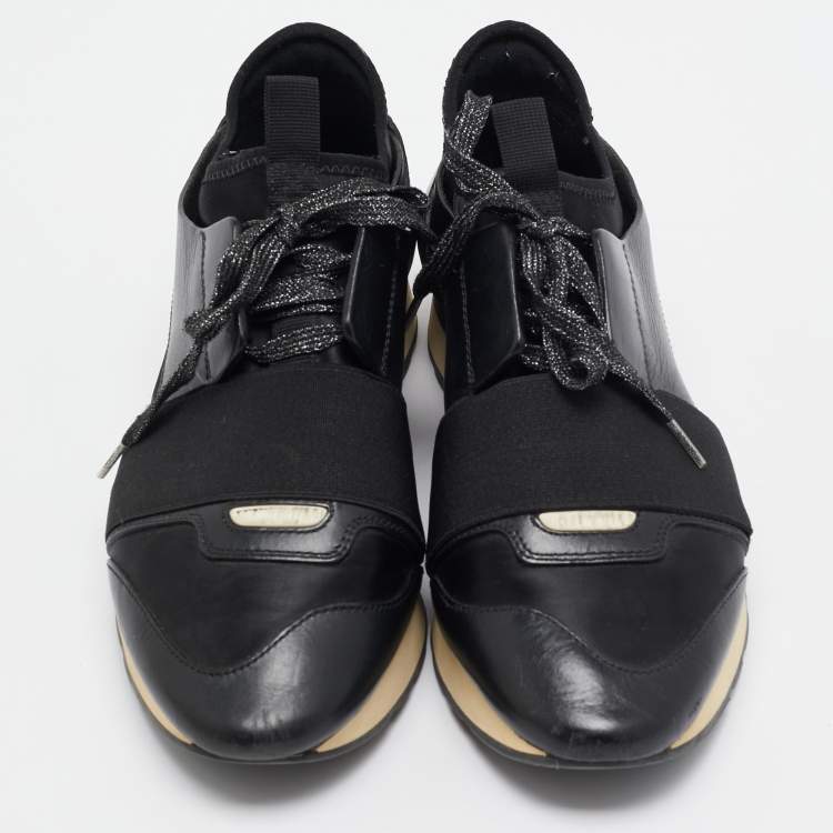 Pre Owned Balenciaga Black Leather and Fabric Race Runner Sneakers Size 37