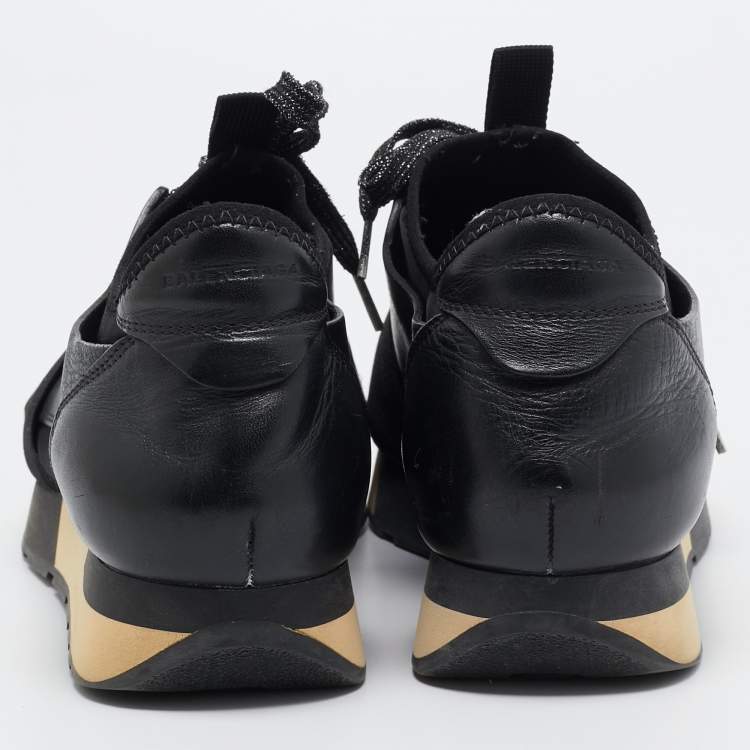 Pre Owned Balenciaga Black Leather and Fabric Race Runner Sneakers Size 37