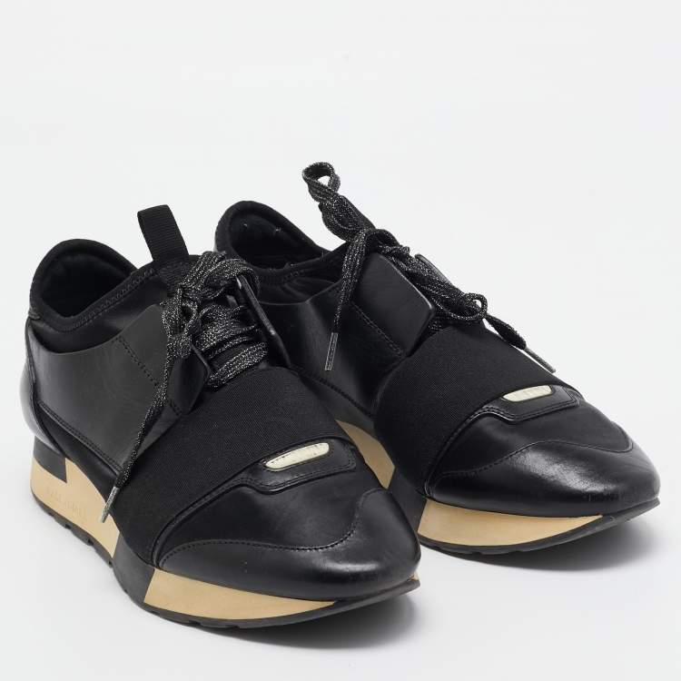 Pre Owned Balenciaga Black Leather and Fabric Race Runner Sneakers Size 37