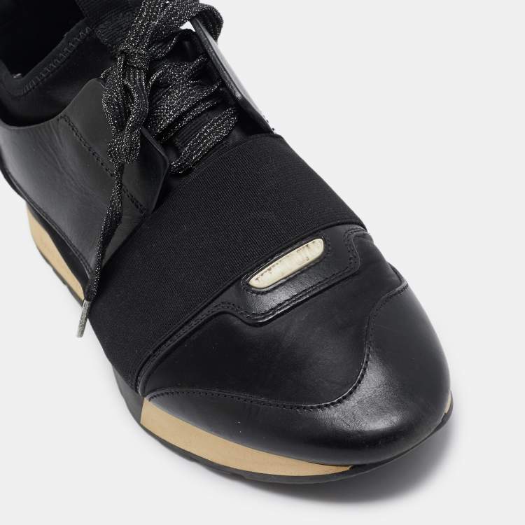 Pre Owned Balenciaga Black Leather and Fabric Race Runner Sneakers Size 37