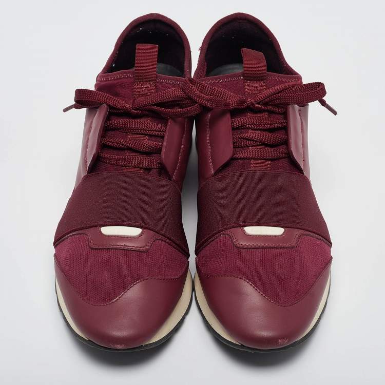 Pre Owned Balenciaga Burgundy Leather and Neoprene Race Runner Sneakers Size 40