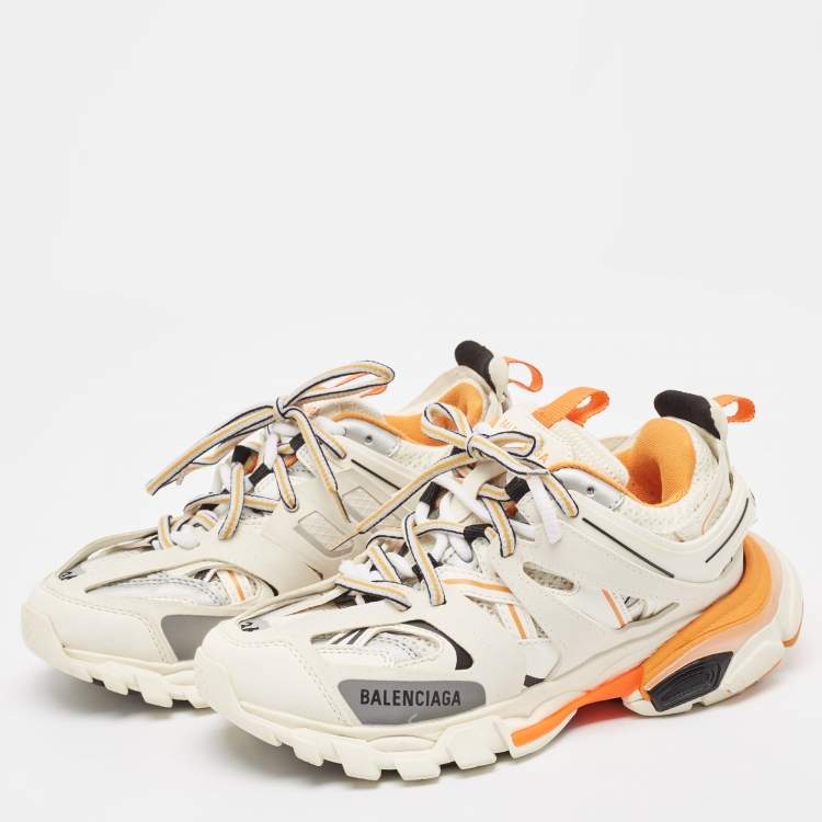 Pre Owned Balenciaga White/Orange Leather and Mesh Track Low Top Sneakers Size 36