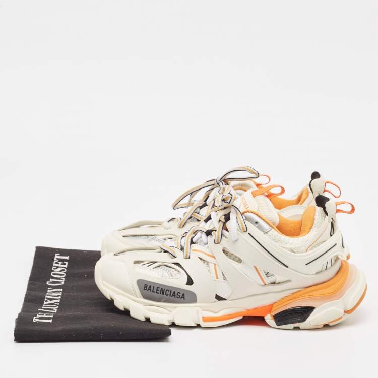 Pre Owned Balenciaga White/Orange Leather and Mesh Track Low Top Sneakers Size 36