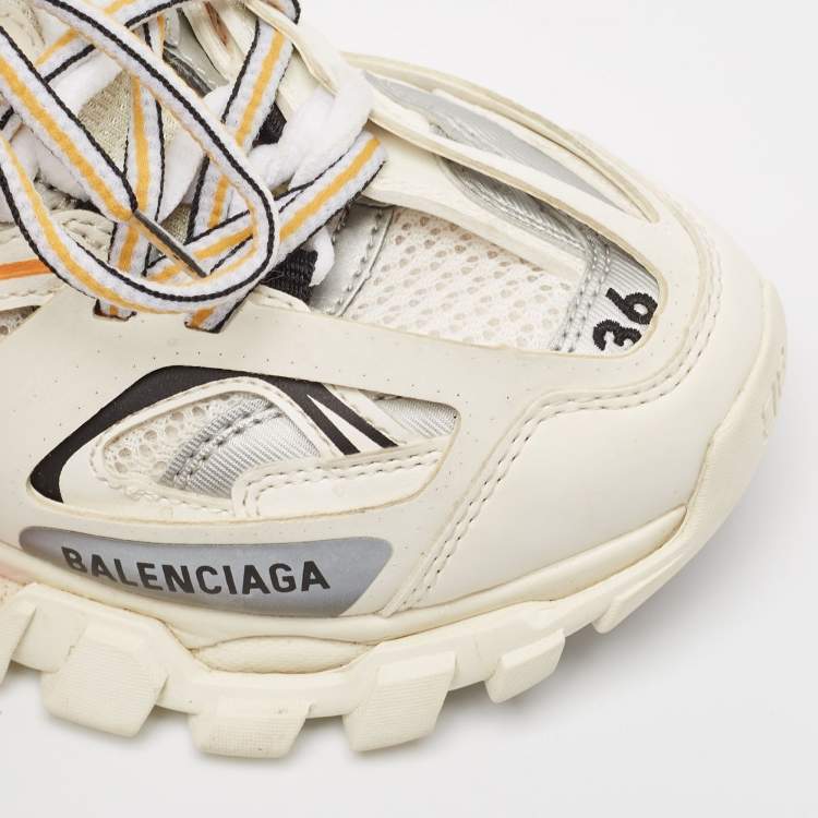 Pre Owned Balenciaga White/Orange Leather and Mesh Track Low Top Sneakers Size 36