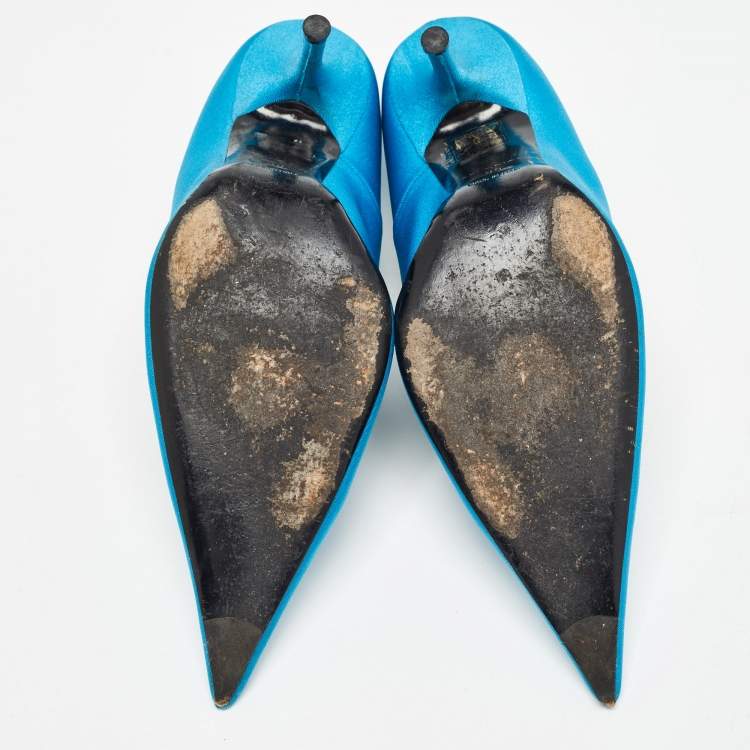 Pre Owned Balenciaga Navy Blue Fabric Knife Pointed Toe Pumps Size 39