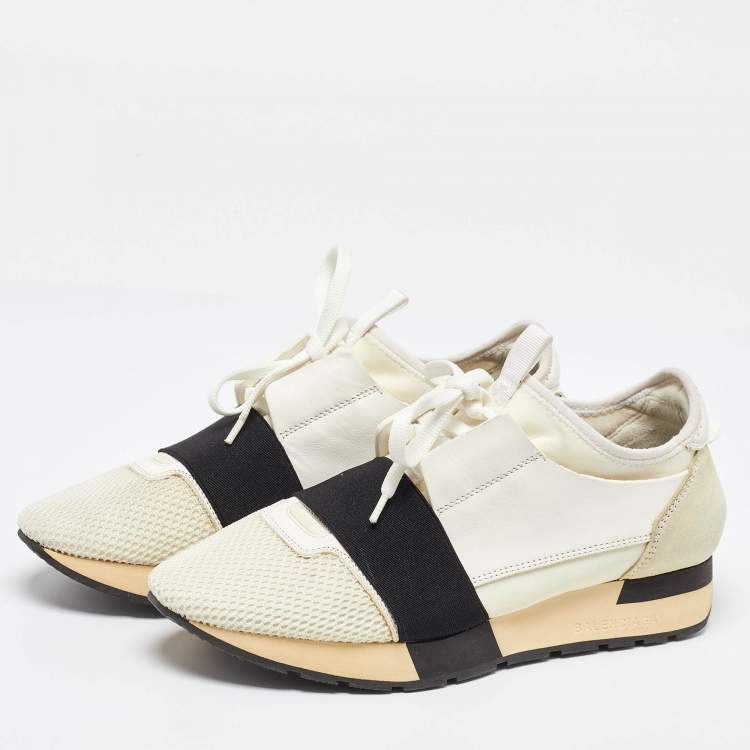 Pre Owned Balenciaga White Leather and Mesh Race Runner Sneakers Size 38