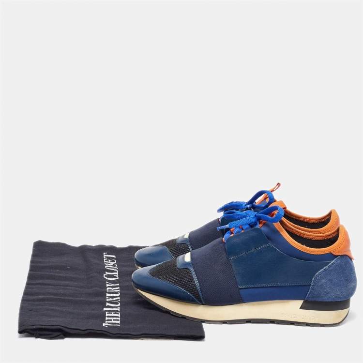 Pre Owned Balenciaga Blue Mesh and Leather Race Runner Low Top Sneakers Size 37