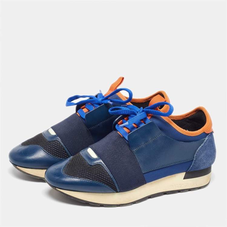 Pre Owned Balenciaga Blue Mesh and Leather Race Runner Low Top Sneakers Size 37