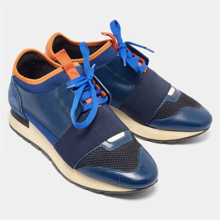 Pre Owned Balenciaga Blue Mesh and Leather Race Runner Low Top Sneakers Size 37