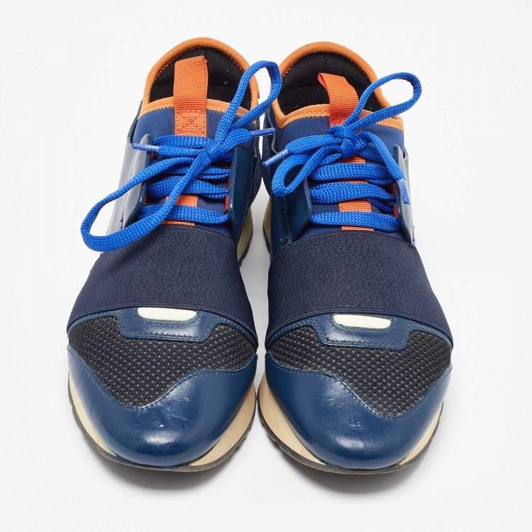 Pre Owned Balenciaga Blue Mesh and Leather Race Runner Low Top Sneakers Size 37