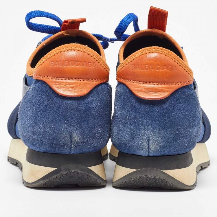 Pre Owned Balenciaga Blue Mesh and Leather Race Runner Low Top Sneakers Size 37