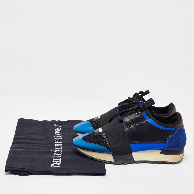 Pre Owned Balenciaga Blue/Black Leather and Mesh Race Runner Sneakers Size 35