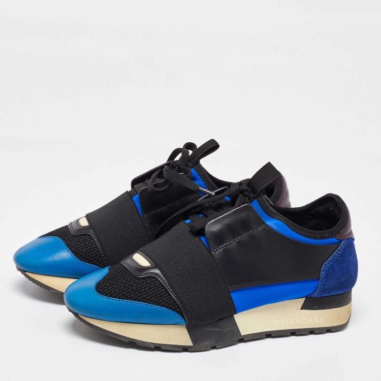 Pre Owned Balenciaga Blue/Black Leather and Mesh Race Runner Sneakers Size 35