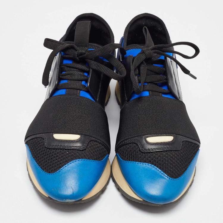 Pre Owned Balenciaga Blue/Black Leather and Mesh Race Runner Sneakers Size 35