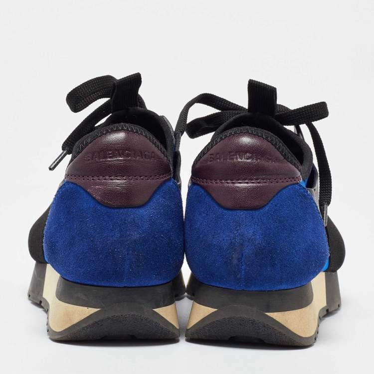 Pre Owned Balenciaga Blue/Black Leather and Mesh Race Runner Sneakers Size 35