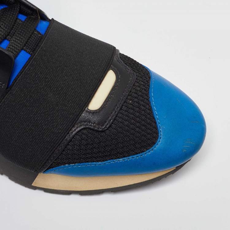 Pre Owned Balenciaga Blue/Black Leather and Mesh Race Runner Sneakers Size 35
