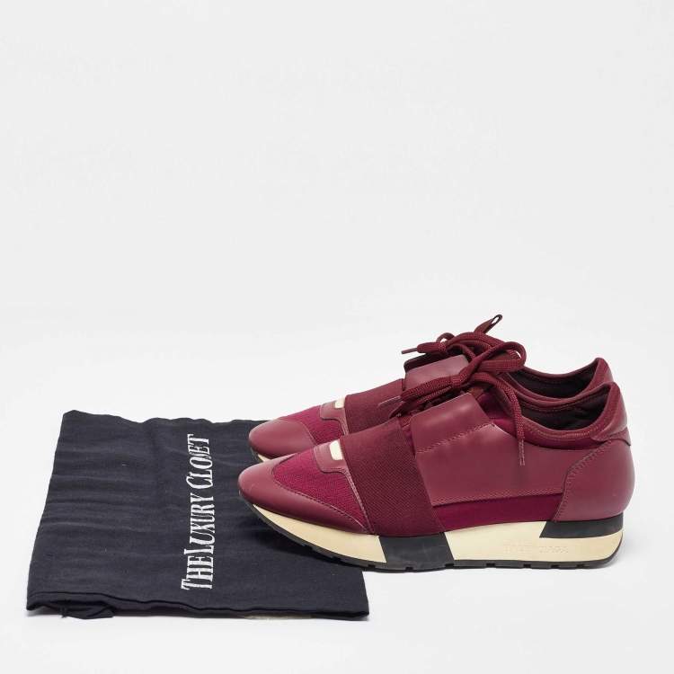 Pre Owned Balenciaga Burgundy Leather and  Fabric Race Runner Sneakers Size 36