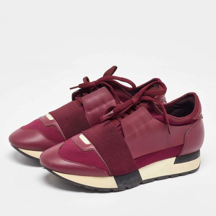 Pre Owned Balenciaga Burgundy Leather and  Fabric Race Runner Sneakers Size 36
