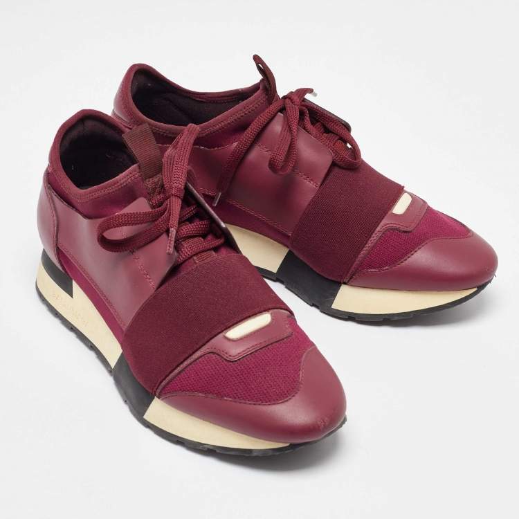 Pre Owned Balenciaga Burgundy Leather and  Fabric Race Runner Sneakers Size 36
