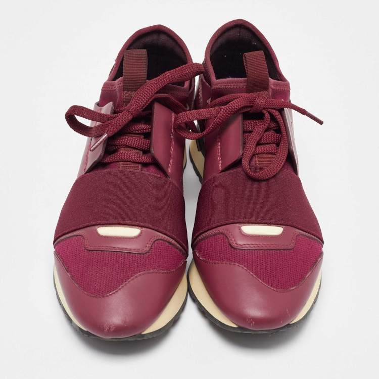 Pre Owned Balenciaga Burgundy Leather and  Fabric Race Runner Sneakers Size 36