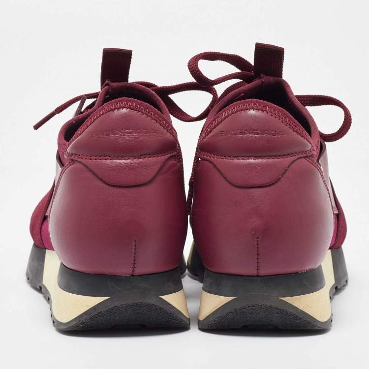 Pre Owned Balenciaga Burgundy Leather and  Fabric Race Runner Sneakers Size 36