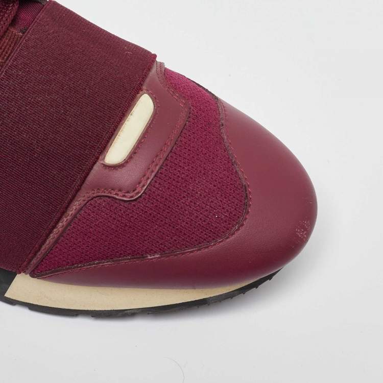 Pre Owned Balenciaga Burgundy Leather and  Fabric Race Runner Sneakers Size 36