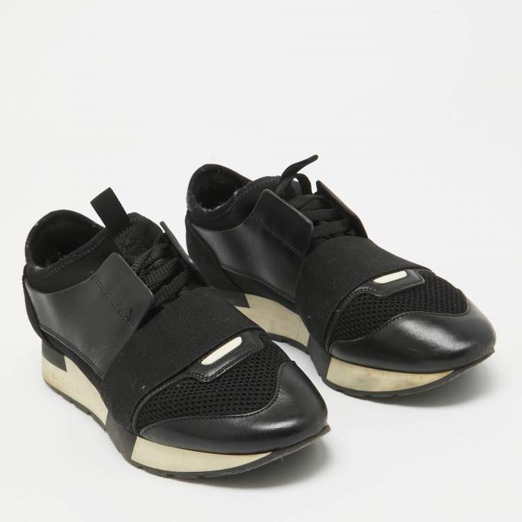 Pre Owned Balenciaga Black Leather and Mesh Race Runner Sneakers Size 38