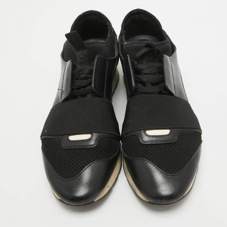 Pre Owned Balenciaga Black Leather and Mesh Race Runner Sneakers Size 38