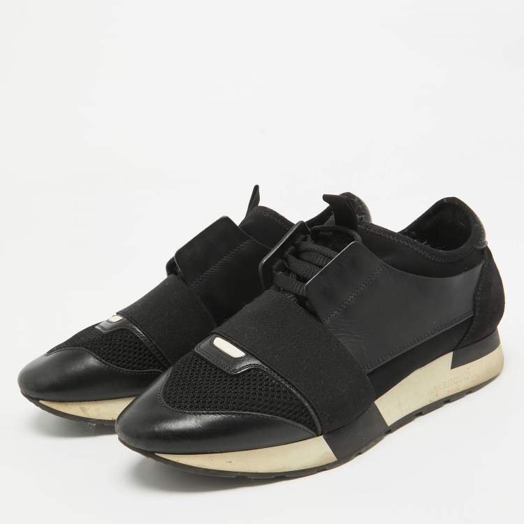 Pre Owned Balenciaga Black Leather and Mesh Race Runner Sneakers Size 38