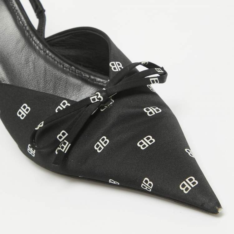 Pre Owned Balenciaga Black BB Print Satin Knife Slingback Pumps Size 38