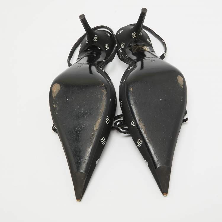 Pre Owned Balenciaga Black BB Print Satin Knife Slingback Pumps Size 38