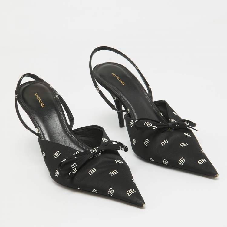 Pre Owned Balenciaga Black BB Print Satin Knife Slingback Pumps Size 38