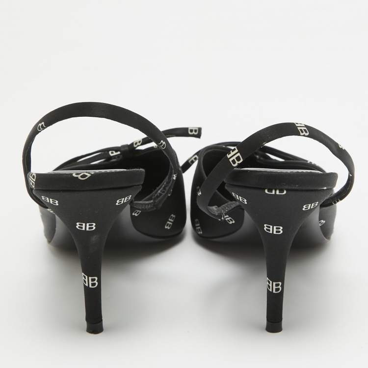 Pre Owned Balenciaga Black BB Print Satin Knife Slingback Pumps Size 38