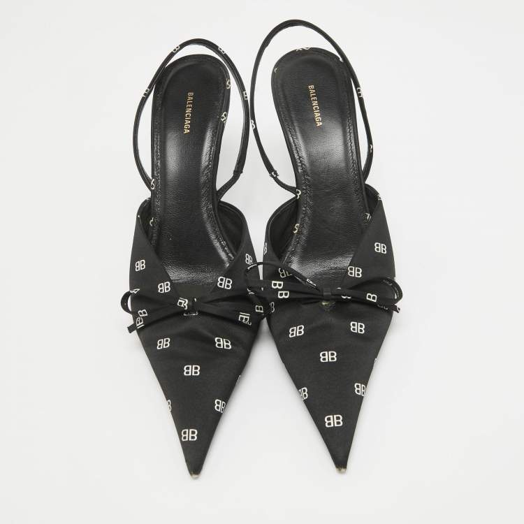 Pre Owned Balenciaga Black BB Print Satin Knife Slingback Pumps Size 38