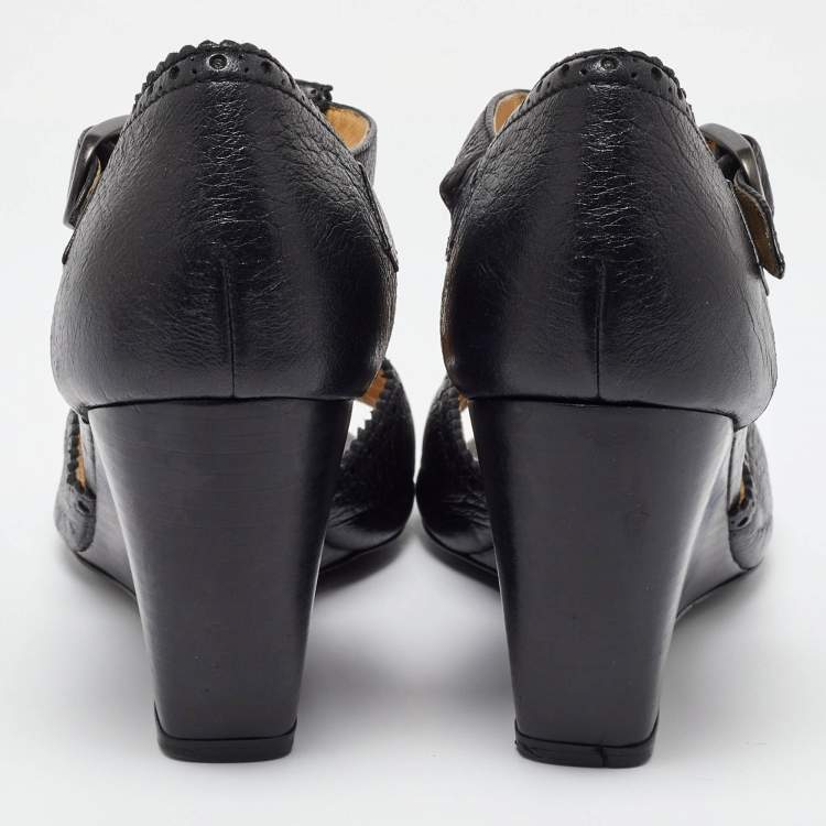Pre Owned Balenciaga Black Leather Wedge T-Strap Sandals Size 38.5
