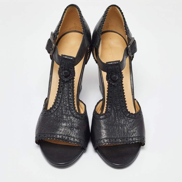 Pre Owned Balenciaga Black Leather Wedge T-Strap Sandals Size 38.5