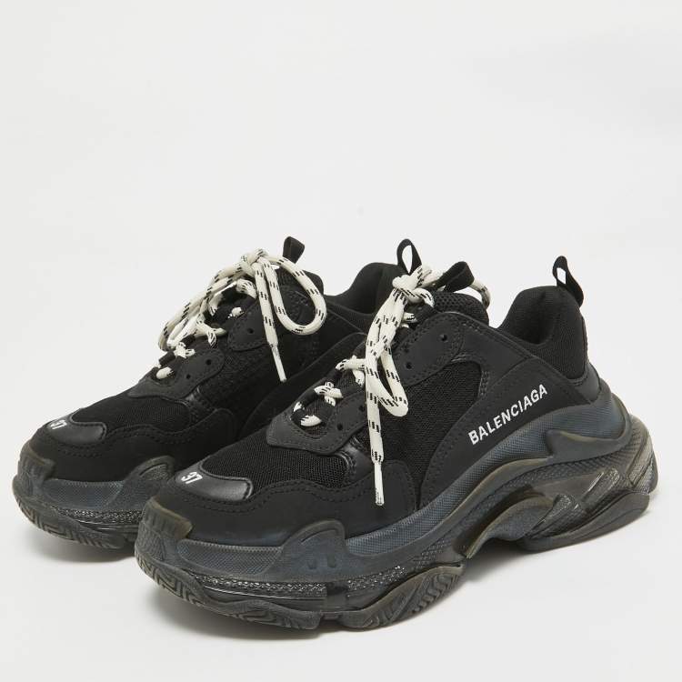 Pre Owned Balenciaga Black Faux Leather and Mesh Triple S Clear Sole Sneakers Size 37