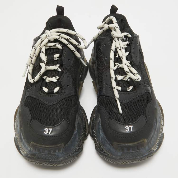 Pre Owned Balenciaga Black Faux Leather and Mesh Triple S Clear Sole Sneakers Size 37
