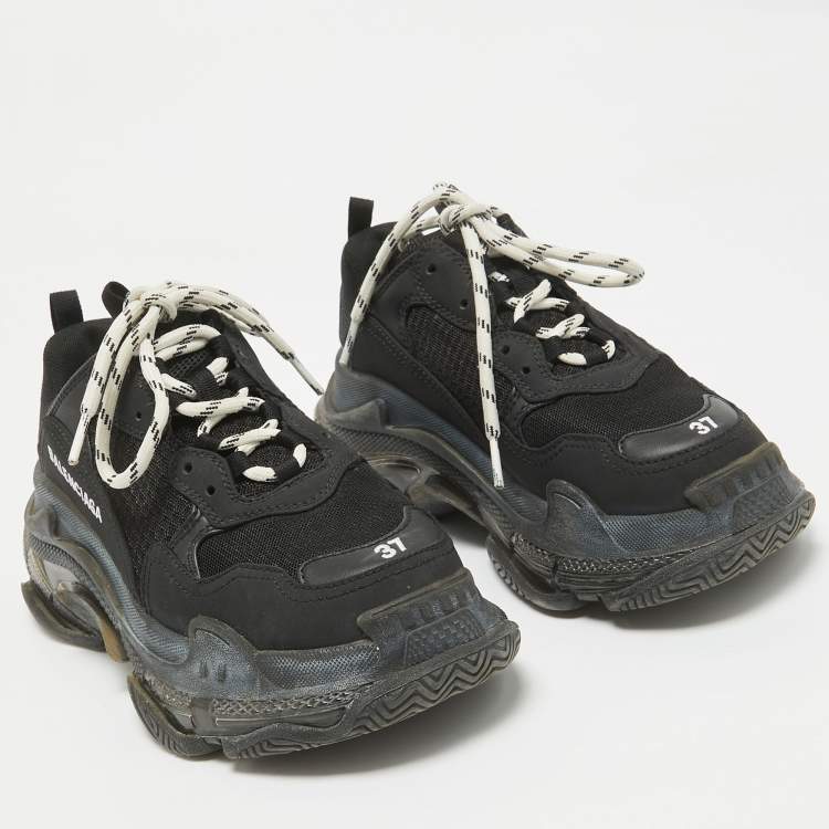Pre Owned Balenciaga Black Faux Leather and Mesh Triple S Clear Sole Sneakers Size 37