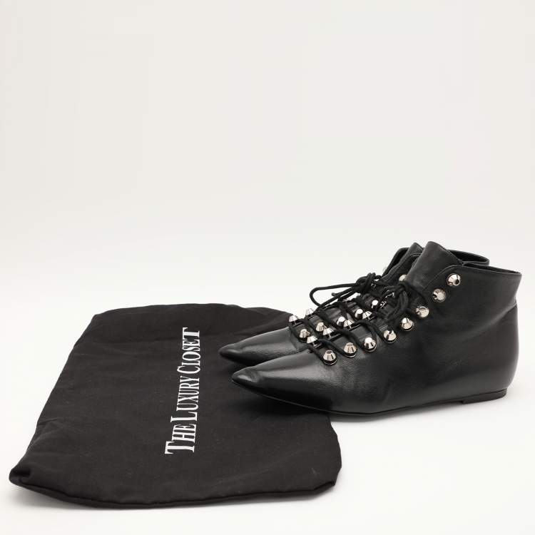 Pre Owned Balenciaga Black Leather Pointed Toe Lace Up Ankle Length Boots Size 36.5