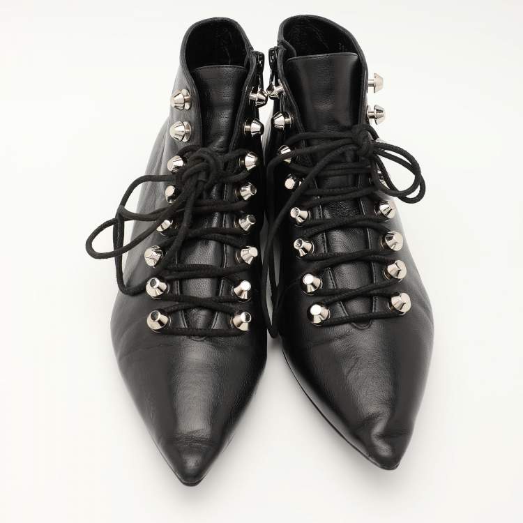 Pre Owned Balenciaga Black Leather Pointed Toe Lace Up Ankle Length Boots Size 36.5