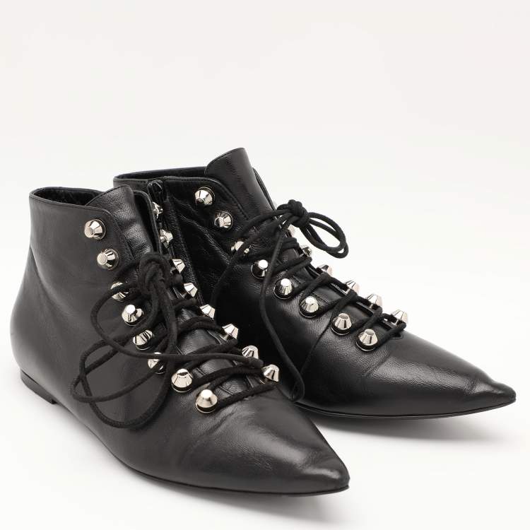 Pre Owned Balenciaga Black Leather Pointed Toe Lace Up Ankle Length Boots Size 36.5