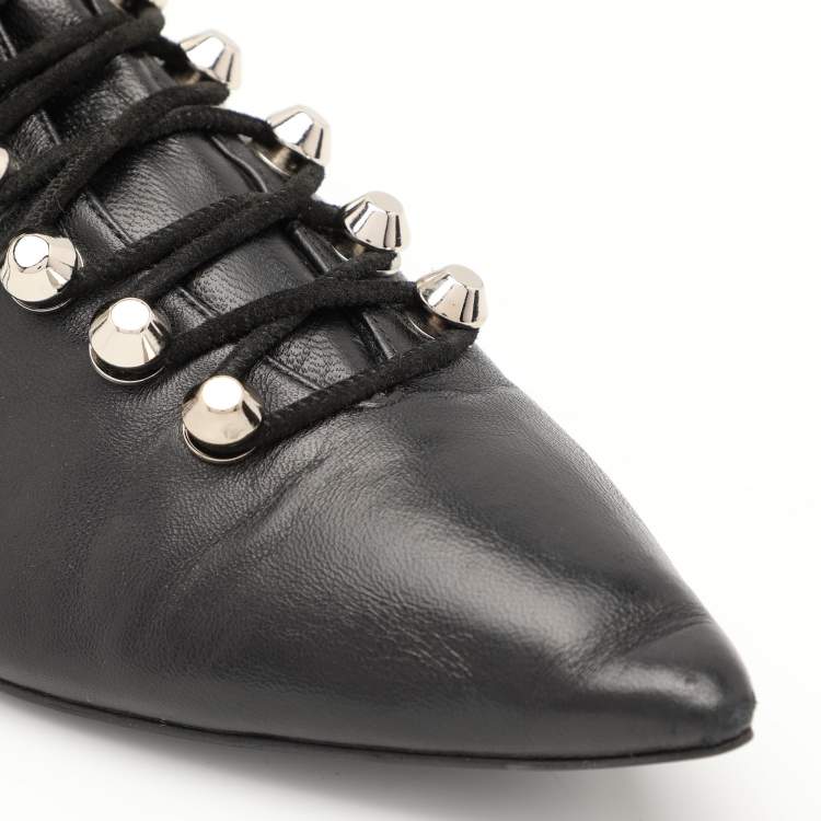 Pre Owned Balenciaga Black Leather Pointed Toe Lace Up Ankle Length Boots Size 36.5