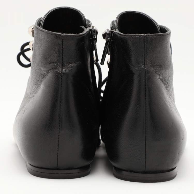 Pre Owned Balenciaga Black Leather Pointed Toe Lace Up Ankle Length Boots Size 36.5
