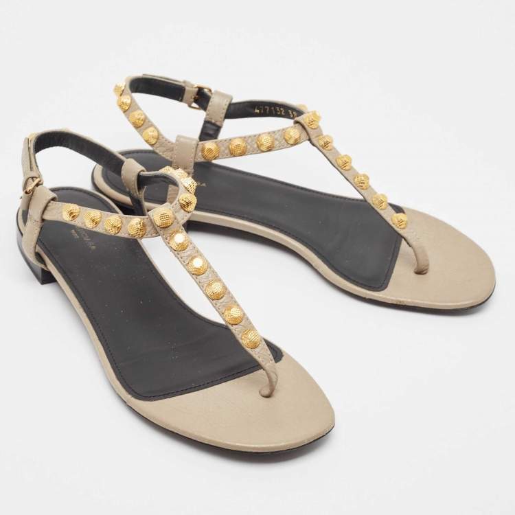Pre Owned Balenciaga Brown Leather Arena Ankle Strap Flats Size 38