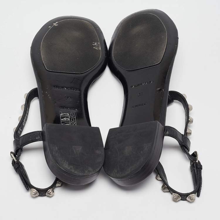 Pre Owned Balenciaga Black Leather Arena Flat Sandals Size 38