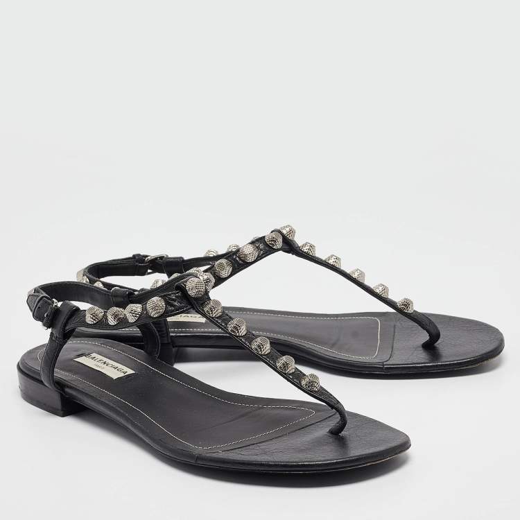 Pre Owned Balenciaga Black Leather Arena Flat Sandals Size 38