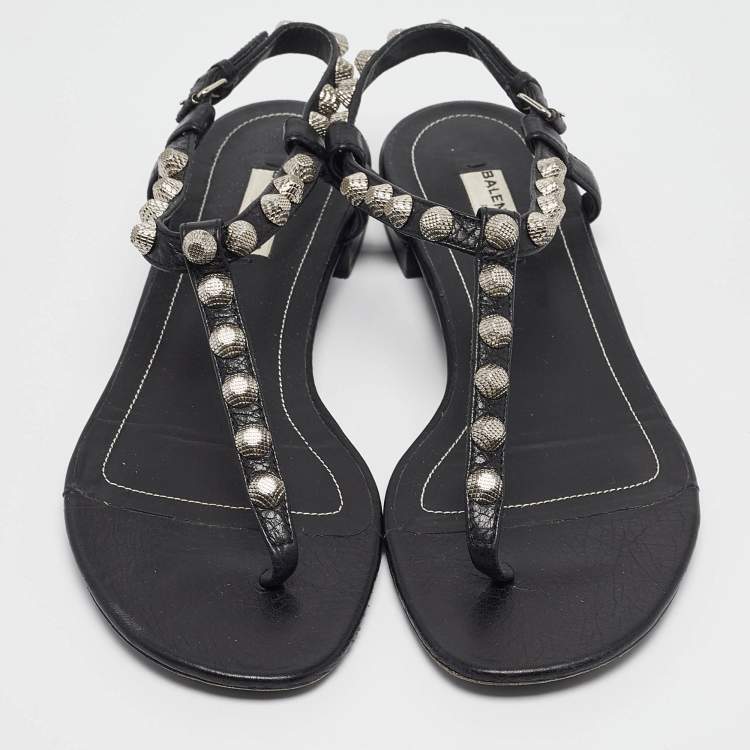 Pre Owned Balenciaga Black Leather Arena Flat Sandals Size 38
